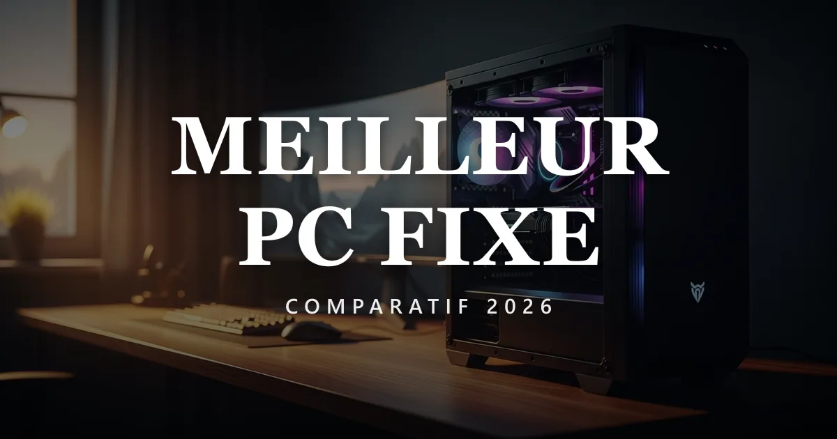 Tour gaming RGB sur un bureau en bois, écran en arrière-plan — comparatif PC fixe Espace Tech 2026